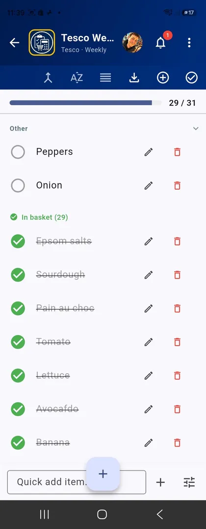 Shopping list in use